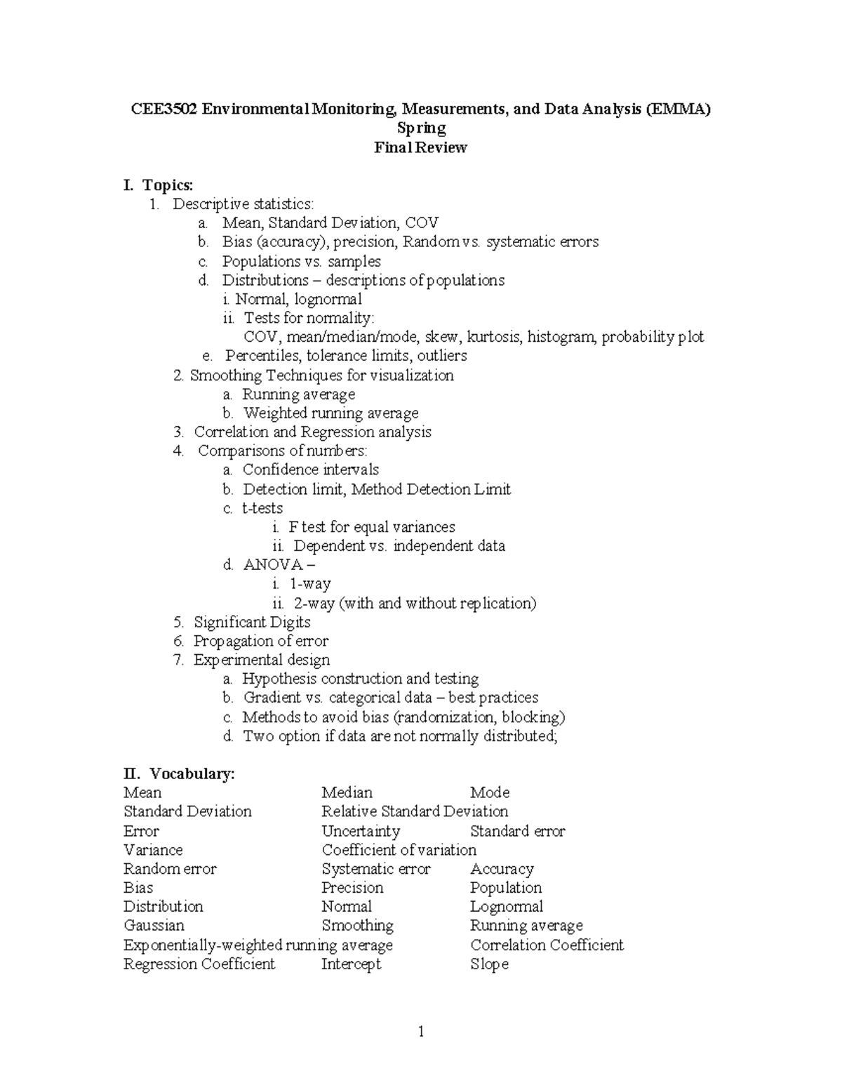 CEE3502 Spring Final Review: Environmental Monitoring & Data Analysis ...