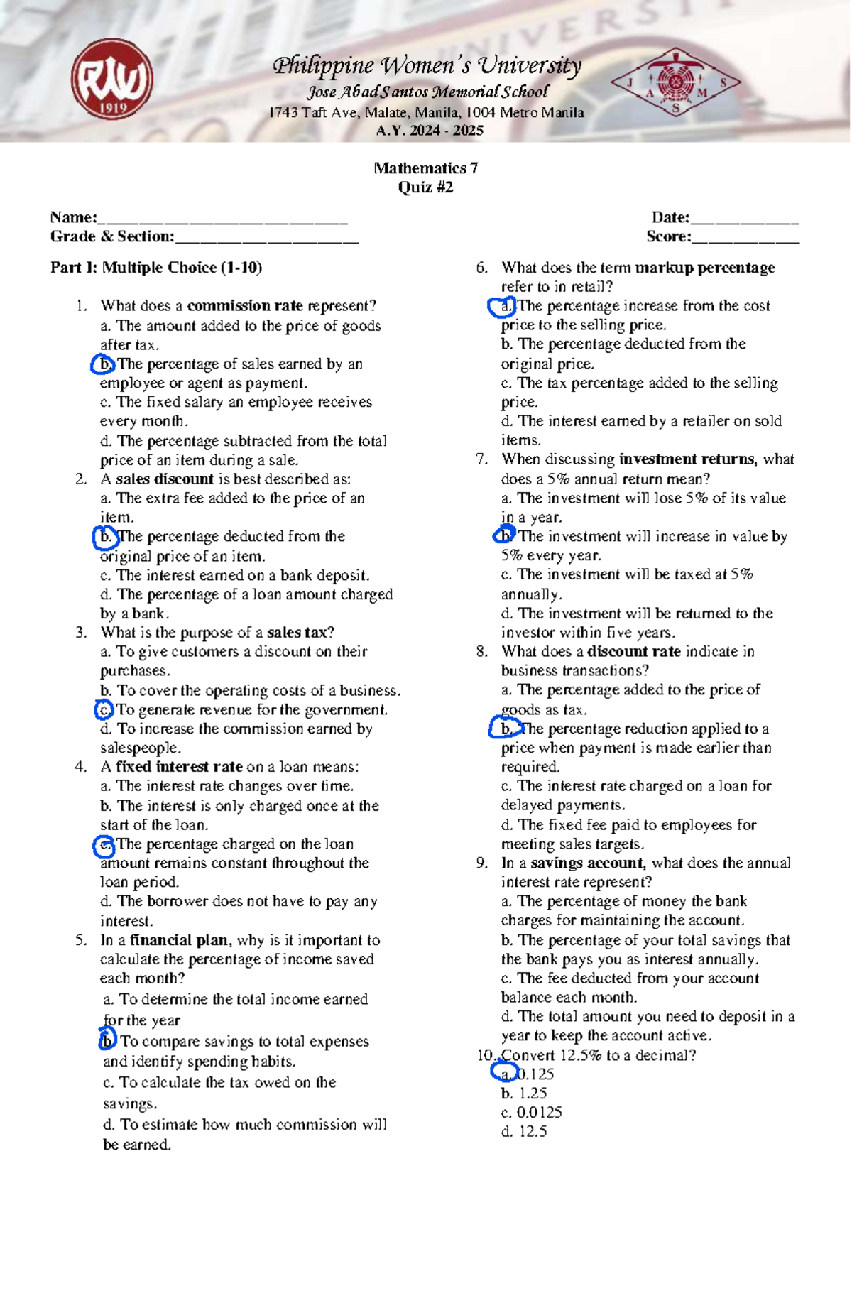 QUIZ 2 Mathematics 7 Answer key - Philippine Women’s University Jose ...