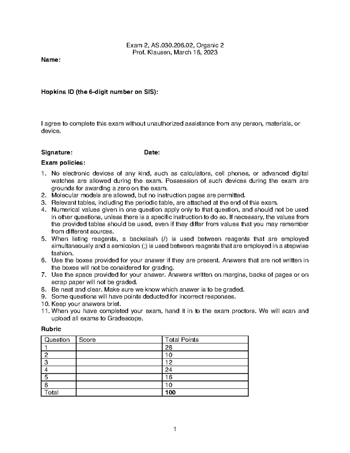 Exam 2 Key - AS.030.206.02 Organic Chemistry II - Klausen Sp23 - Studocu