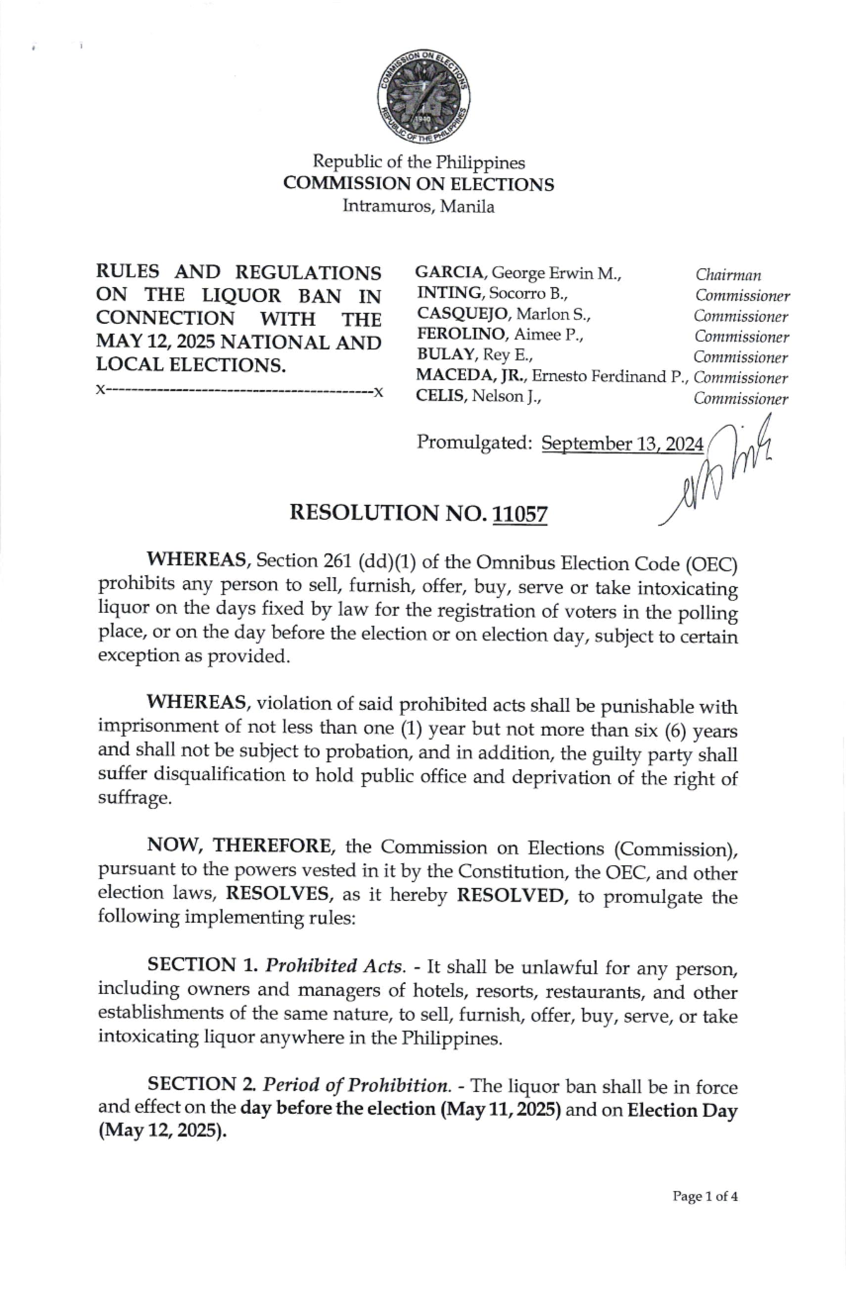 COMELEC Resolution No. 11057: Liquor Ban Rules for May 2025 Elections ...