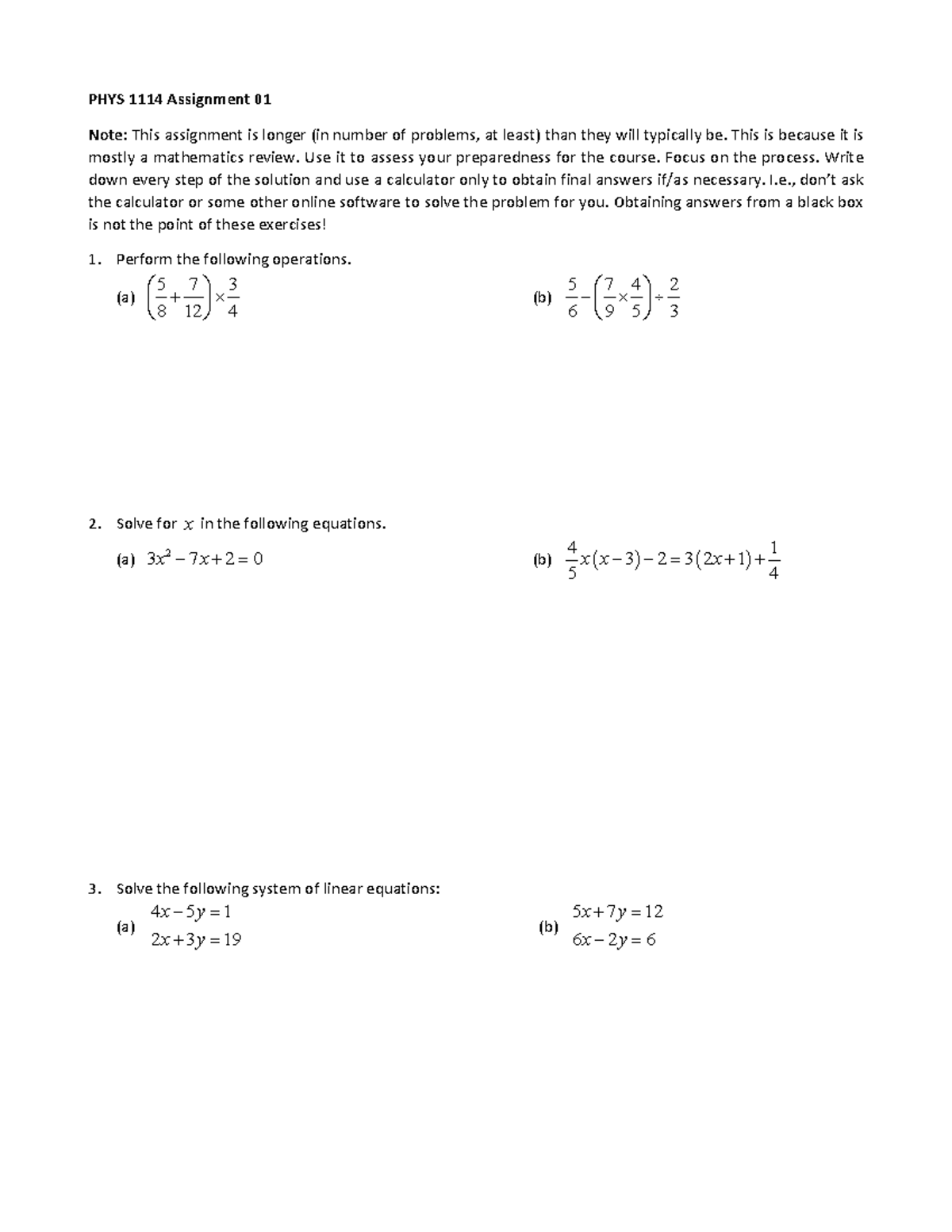 PHYS 1114 Assignment 01: Math Review Problems - Studocu