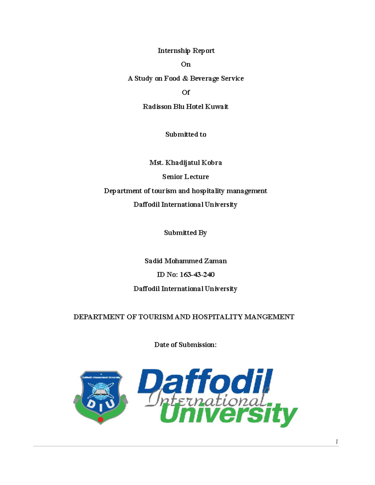 Internship Report: Food & Beverage Service at Radisson Blu Hotel KU ...