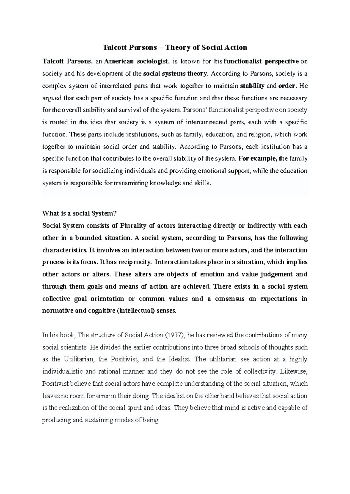 Talcott Parsons - Overview of Social Action Theory in Sociology - Studocu