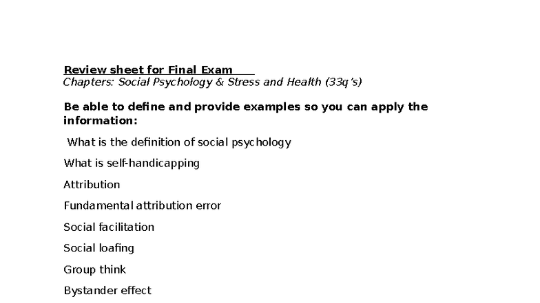 Final Exam Review Sheet for Social Psychology & Health Psychology ...