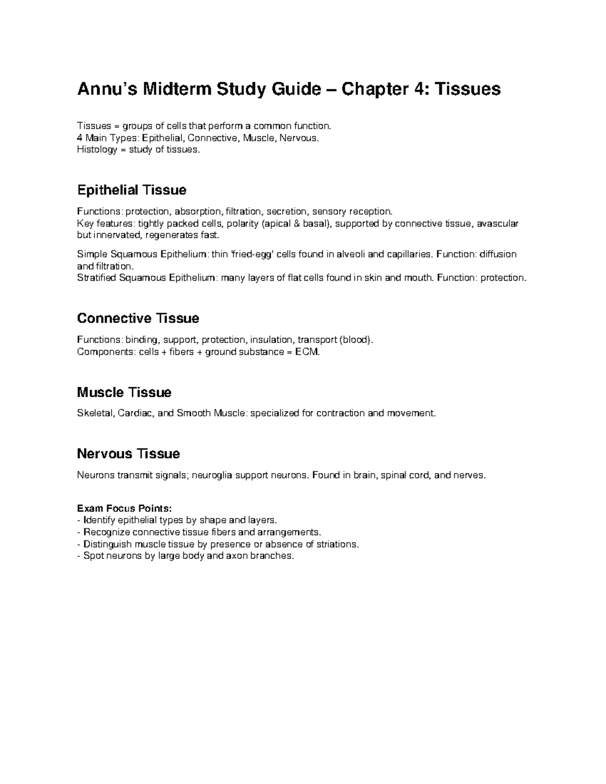 Annu Midterm Study Guide: Chapter 4 - Tissues Overview - Studocu