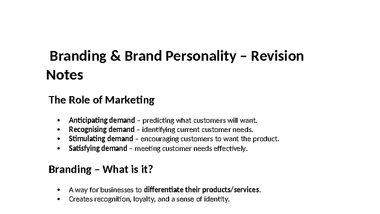 Branding revision - Branding & Brand Personality – Revision Notes The ...