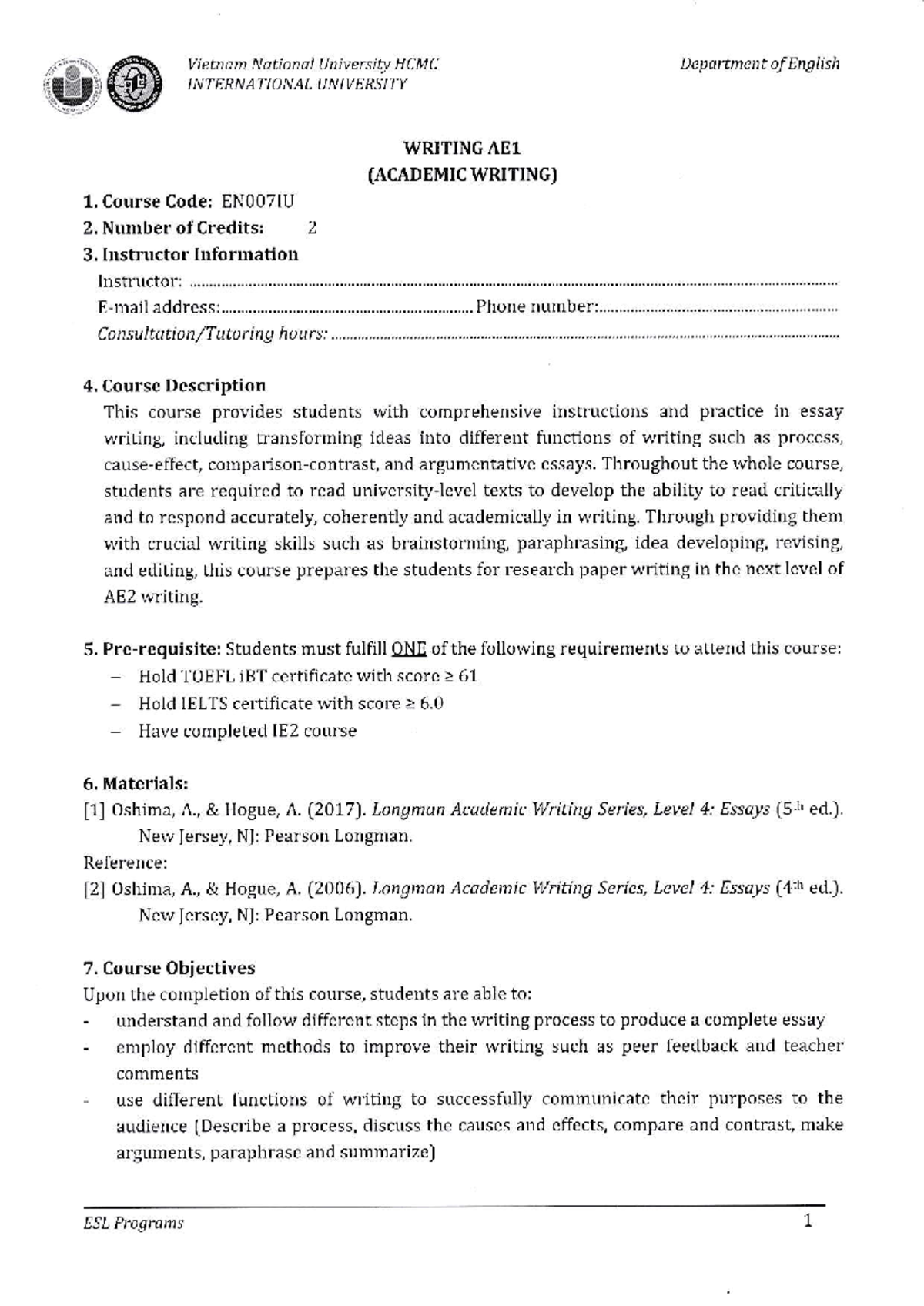EN007IU Academic Writing AE1 Course Overview and Objectives 2021-2022 ...