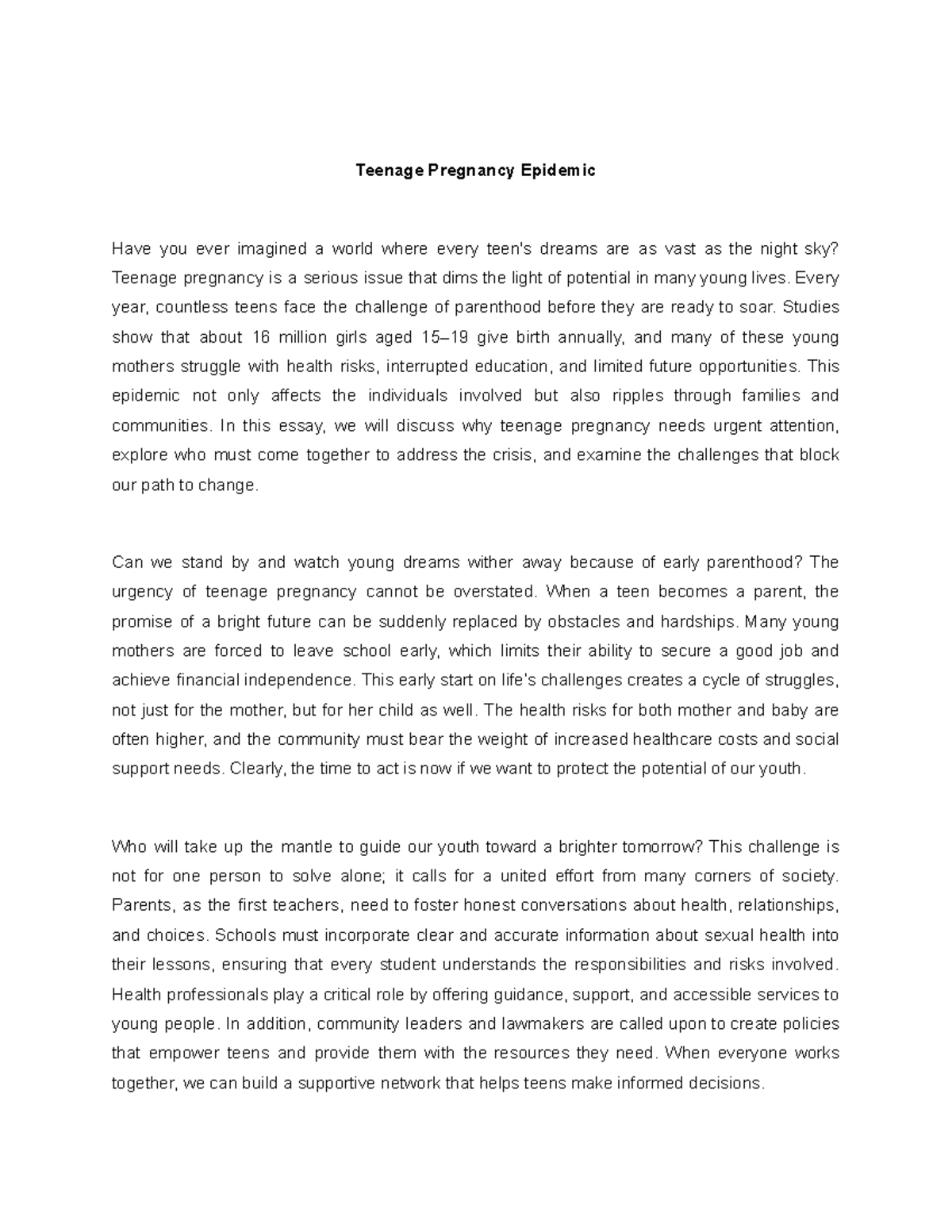 Scholarly Inquiry Essay - Teenage Pregnancy Epidemic Have you ever ...