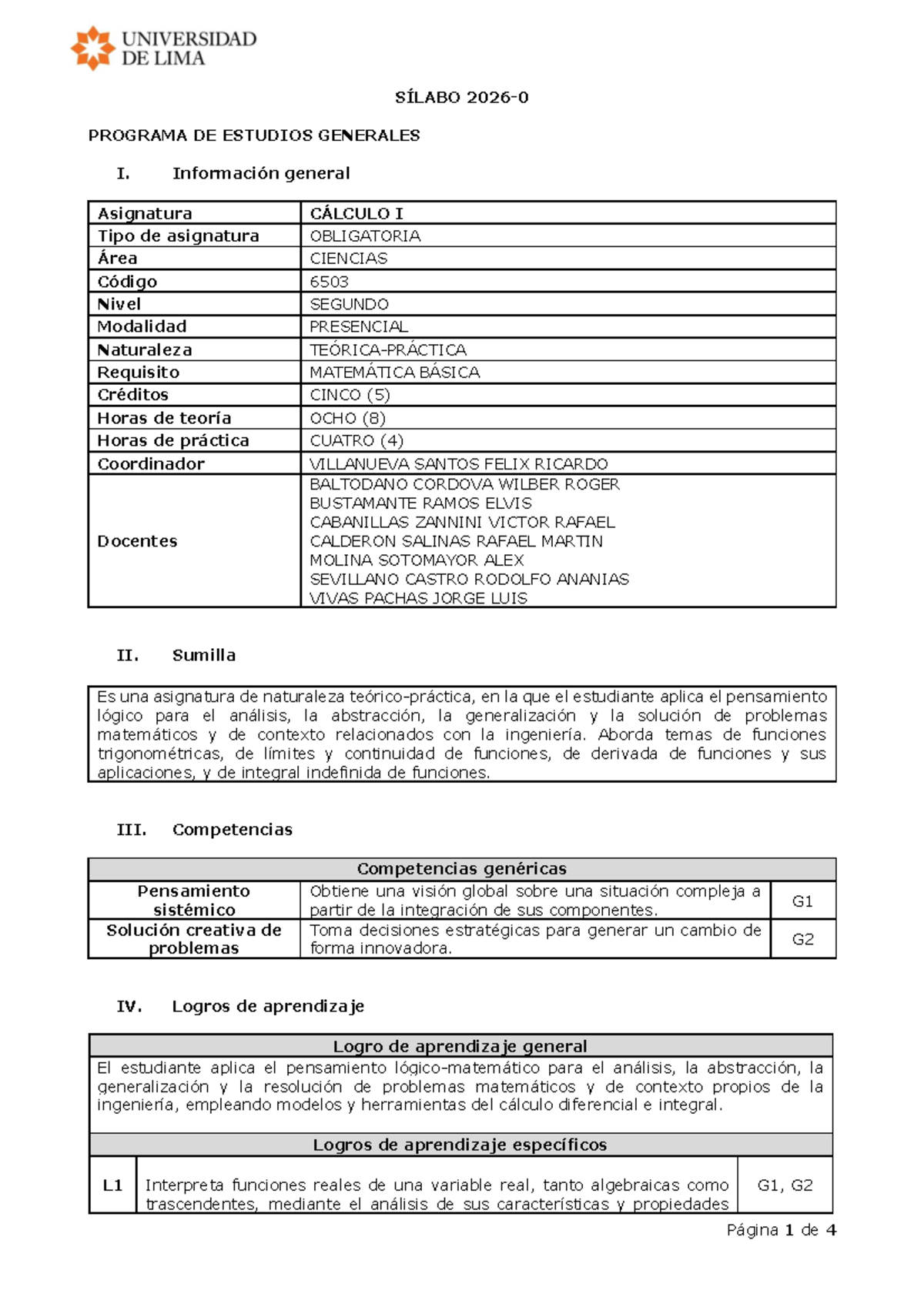 Sílabo de Cálculo I (6503) - Programa de Estudios Generales I - Document Preview