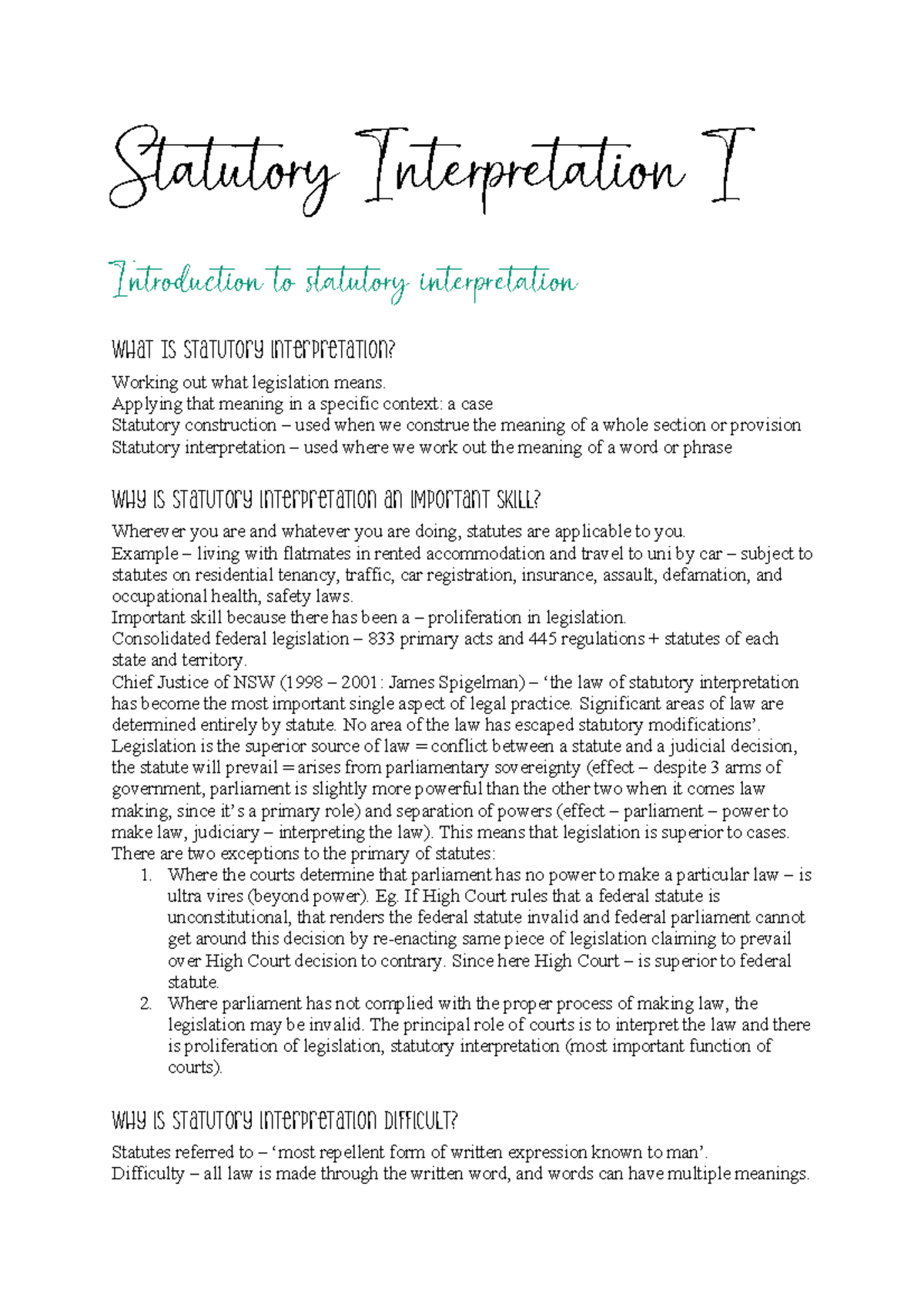 Foundations of Law - Statutory Interpretation Notes - Statutory ...