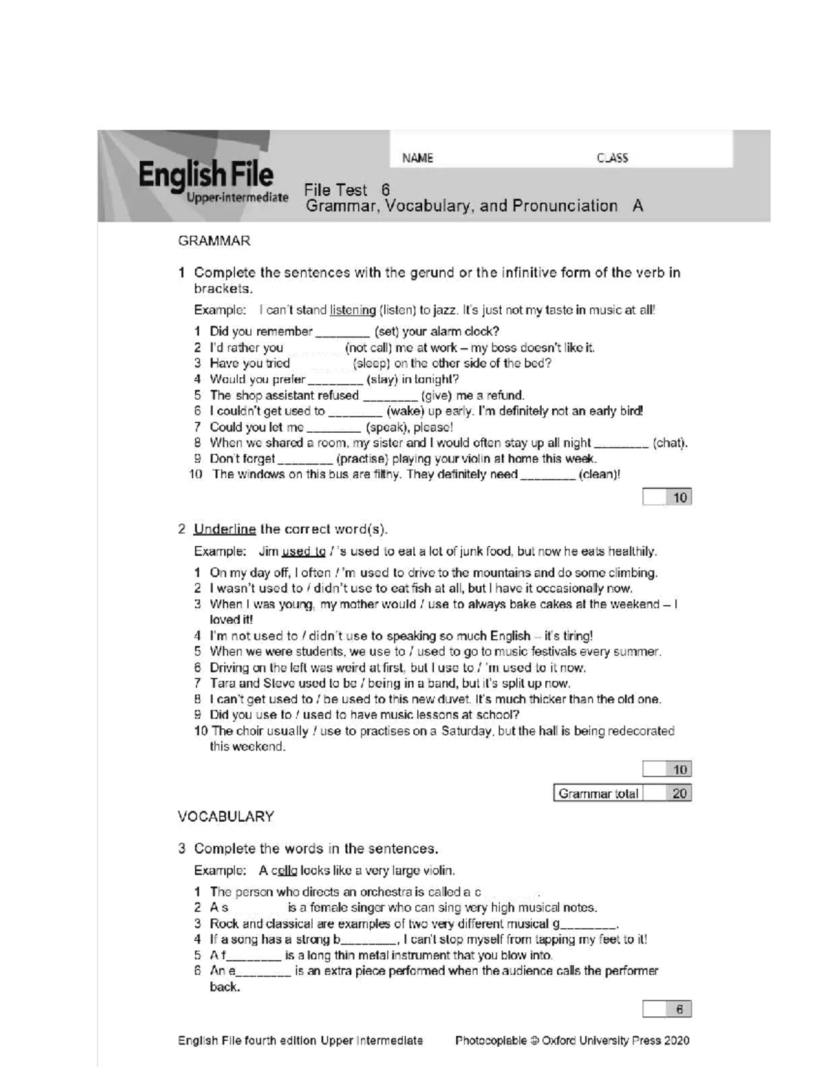 English File Upper Intermediate Test 6: Grammar, Vocabulary, and ...