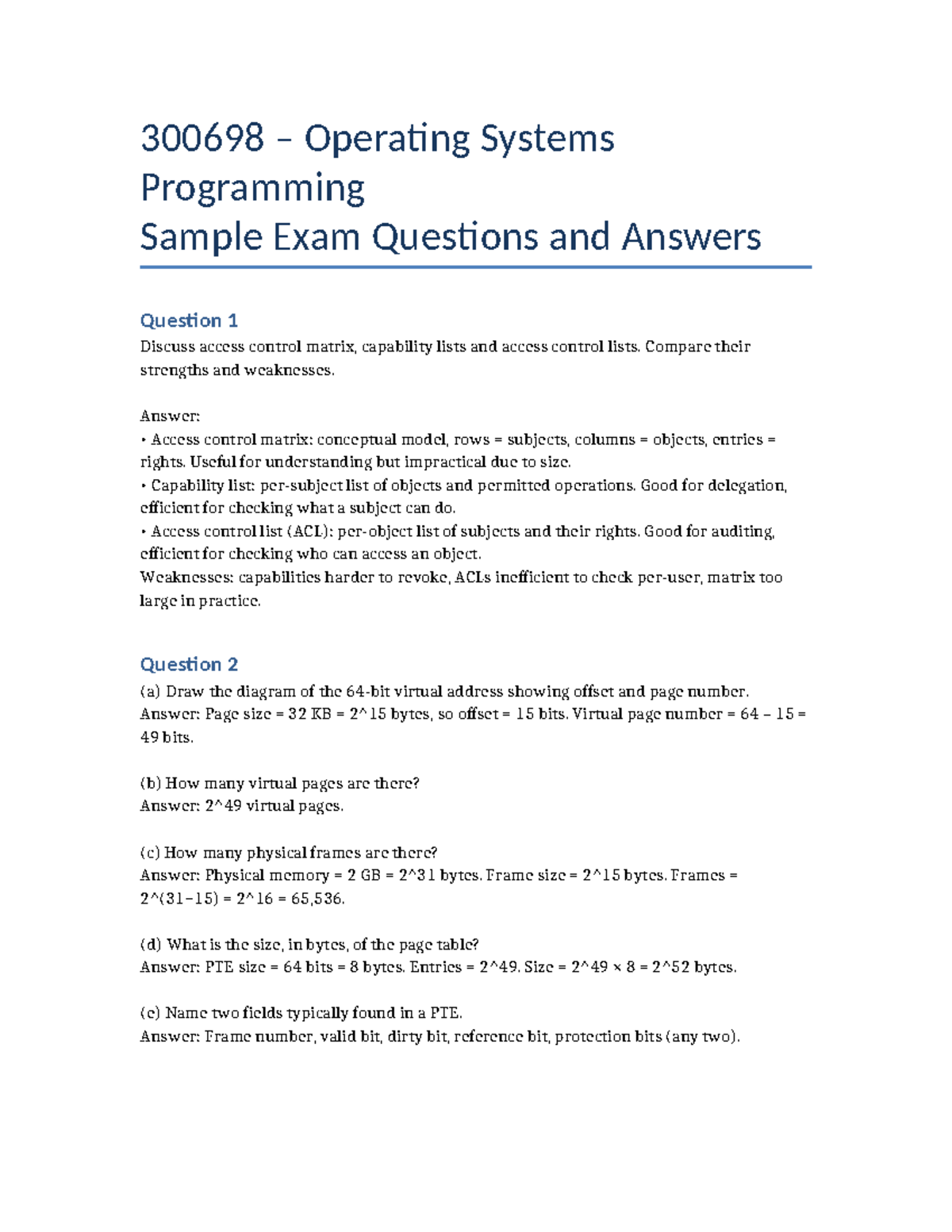 300698 Operating Systems Programming Sample Exam Q&A - Studocu