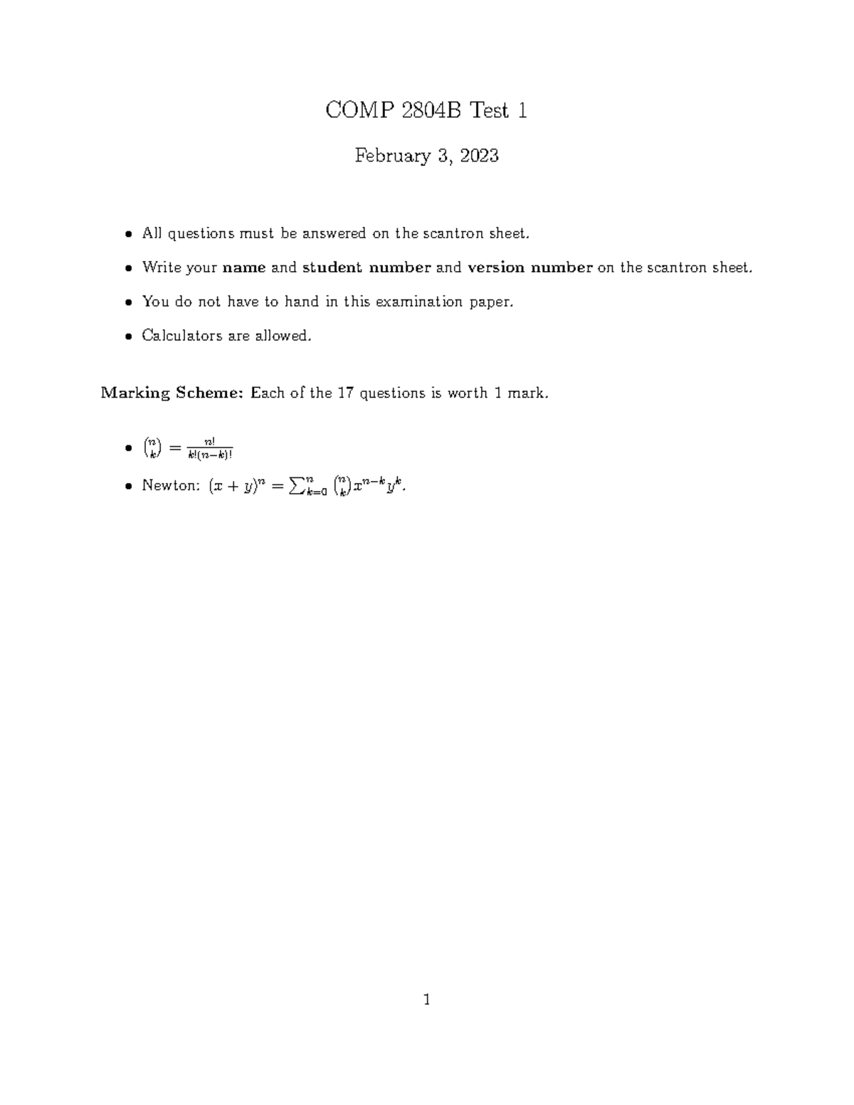 COMP 2804B Discrete Math Test 1 Answers - February 2023 - Studocu