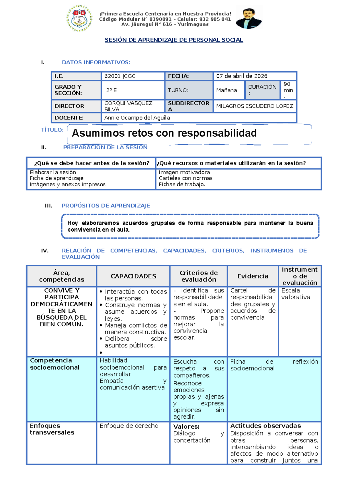 Sesión de Aprendizaje: Personal Social I - 07/04/26 - Studocu