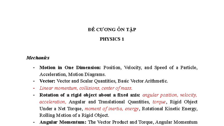 De cuong on tap Physics 1-23-24 - ĐỀ CƯƠNG ÔN TẬP PHYSICS 1 Mechanics ...