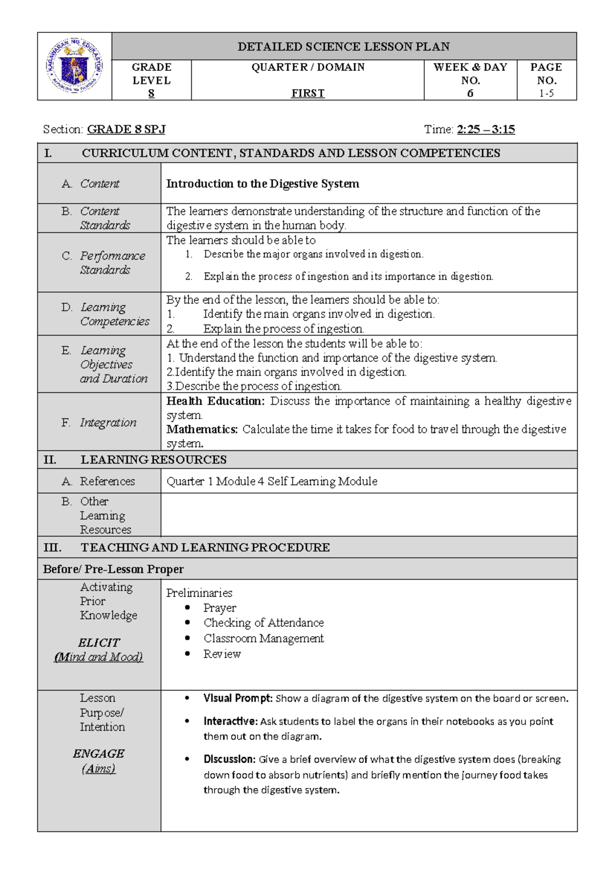 Digestive System LP - class notes - DETAILED SCIENCE LESSON PLAN GRADE ...