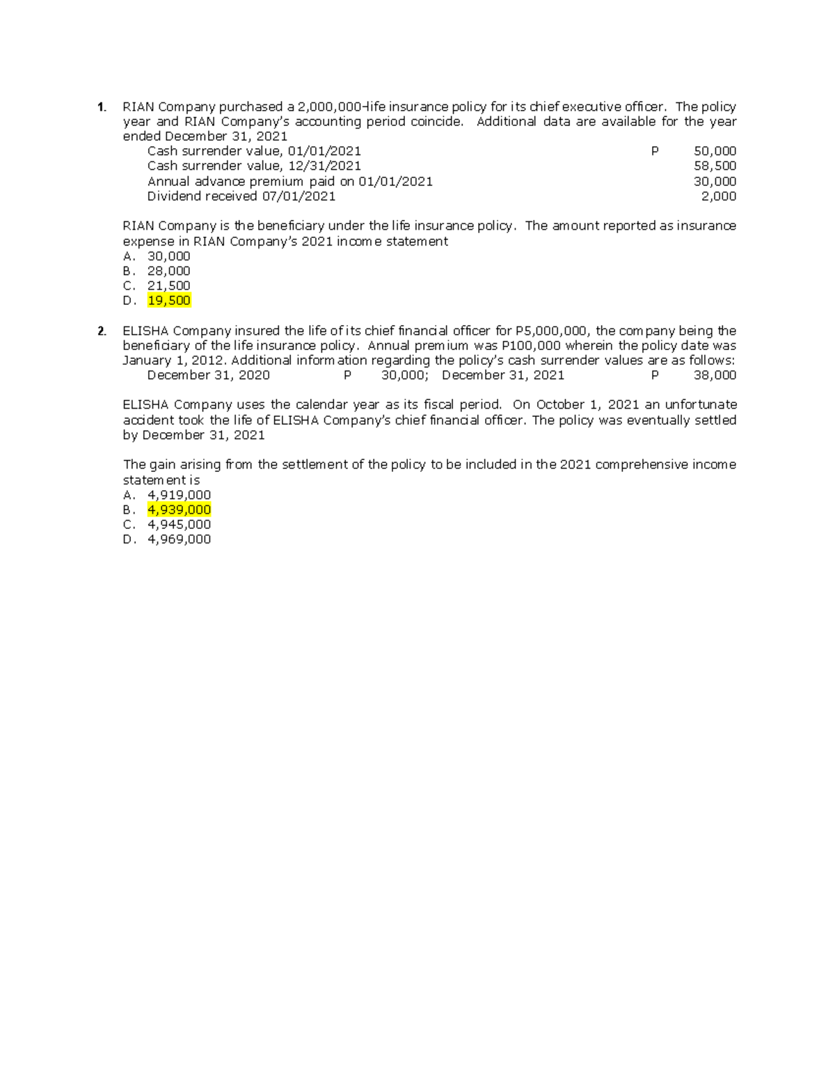 CSV Quizzer - Cash Surrender Values for RIAN & ELISHA Companies - Studocu
