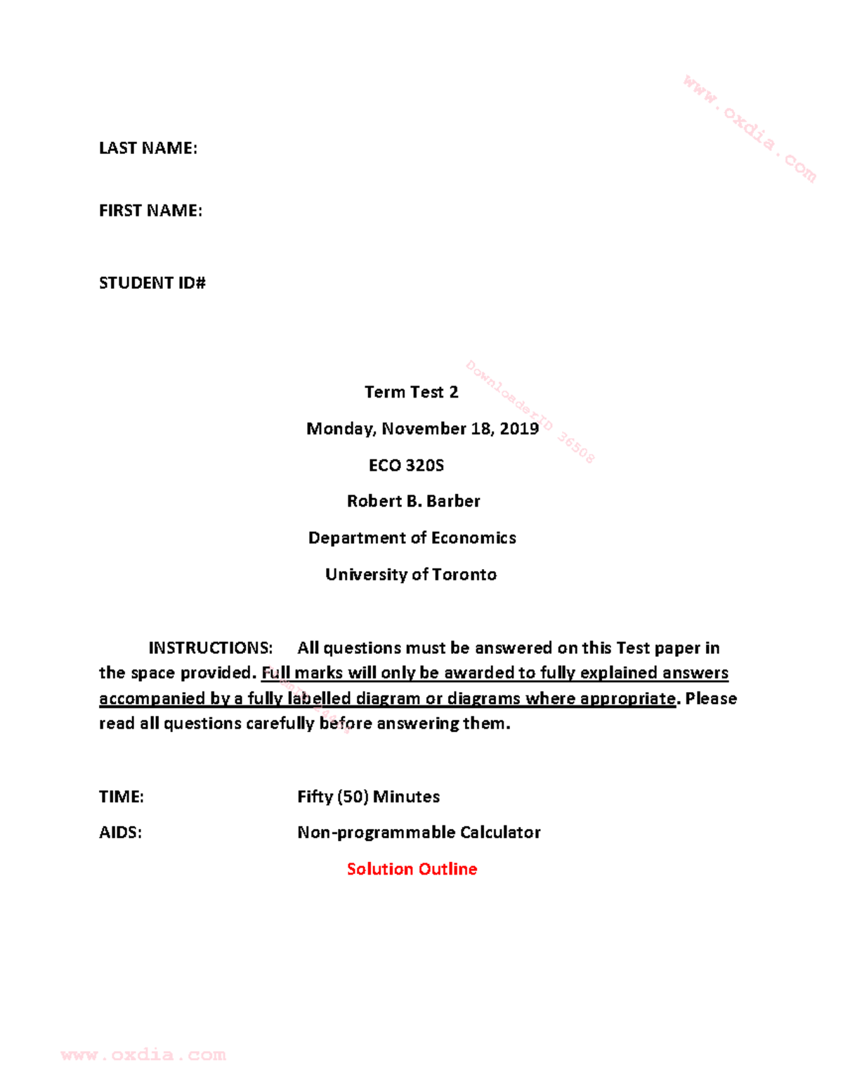 2019 Term Test 2 (H) with solutions - LAST NAME: FIRST NAME: STUDENT ID ...