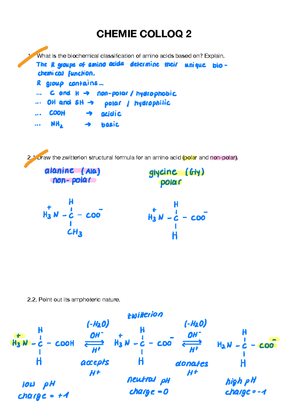 LÖSUNGEN CHEMIE COLLOQ 2: Amino Acid Classification & Reactions - Studocu