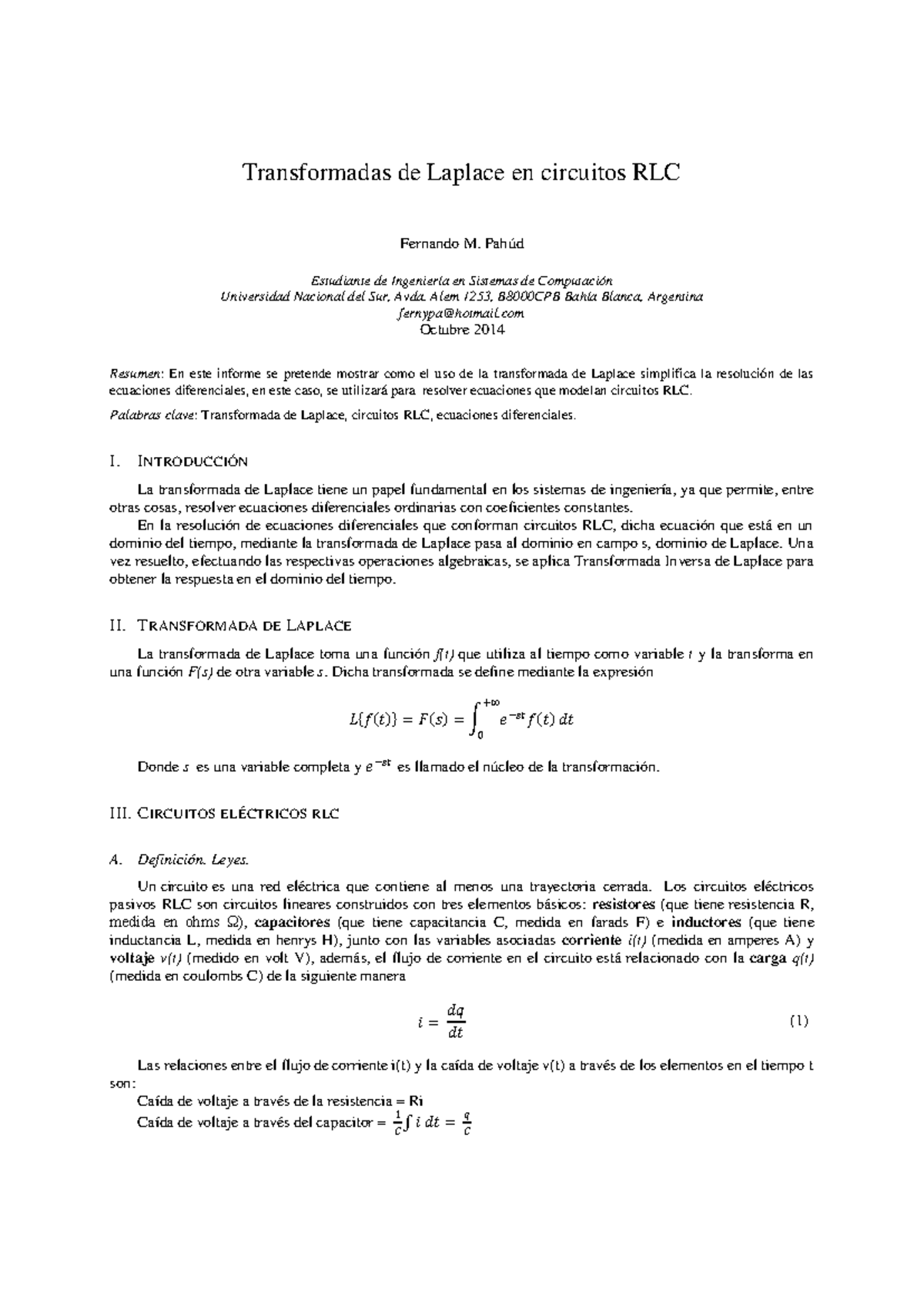 Informe sobre Transformadas de Laplace en Circuitos RLC - FVC - Studocu