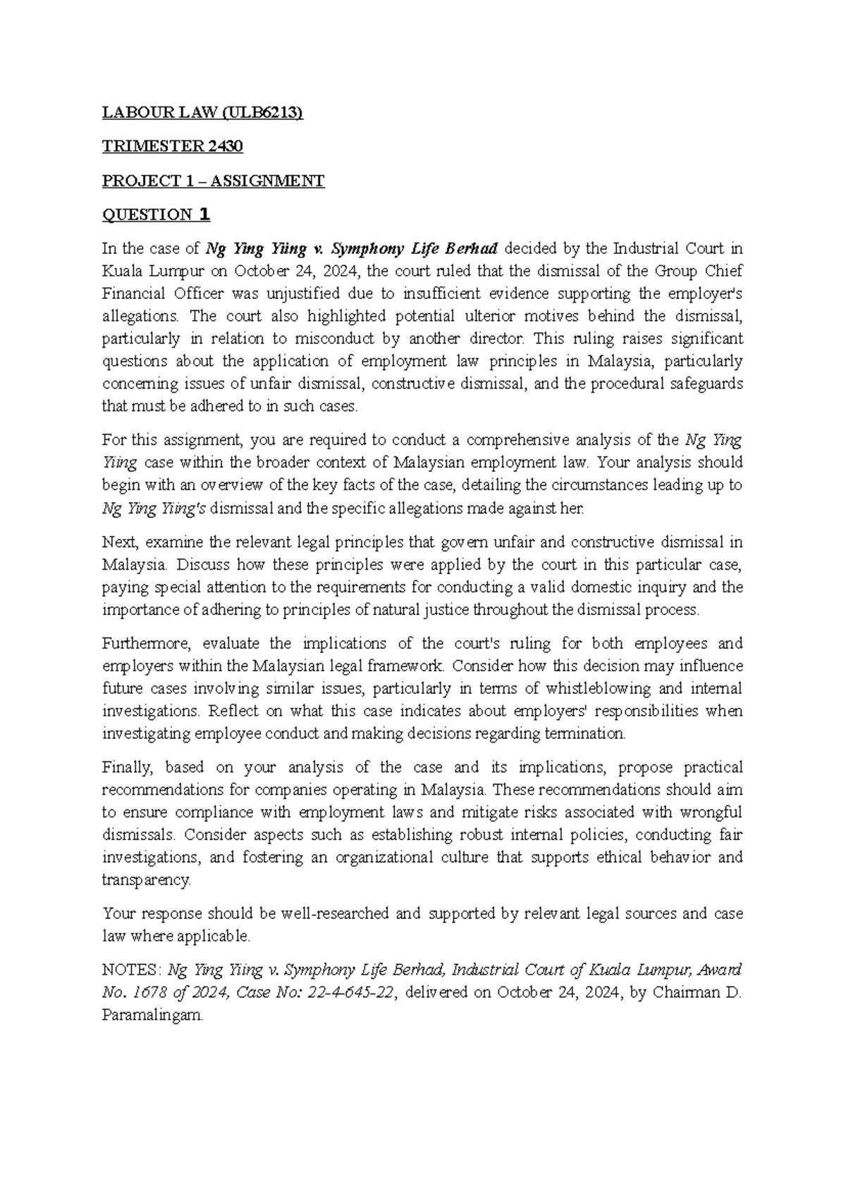Assignment Question - LABOUR LAW (ULB6213) TRIMESTER 2430 PROJECT 1 ...