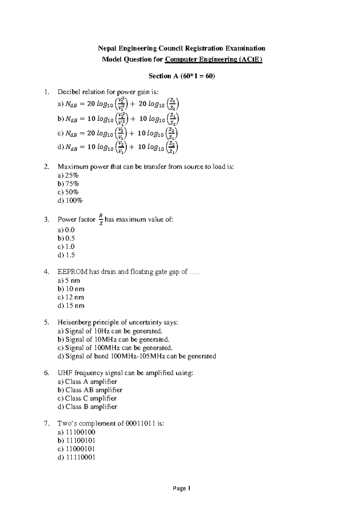 Model Question Set for Computer Engineering Exam (LCB230607051100 ...