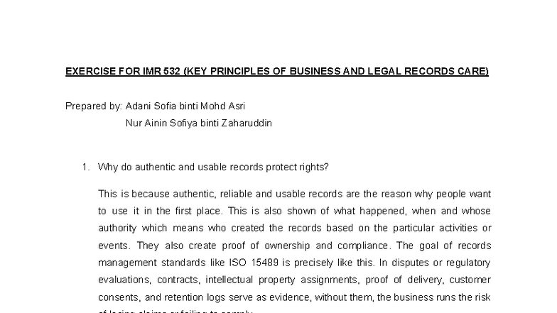 Exercise for IMR 532: Key Principles of Business Records Management ...