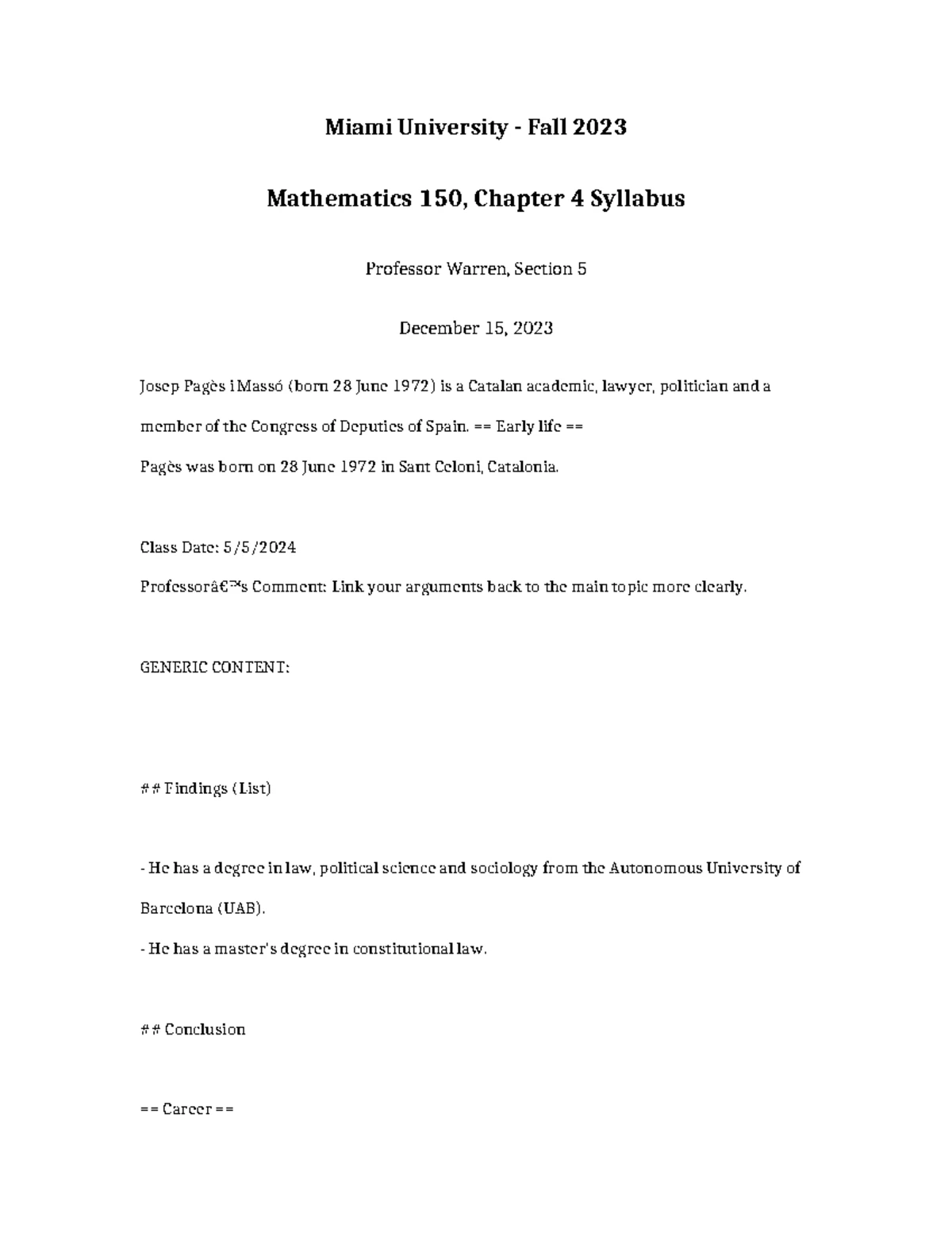 Mathematics 150 Chapter 6 Review - Miami University - Fall 2023 ...