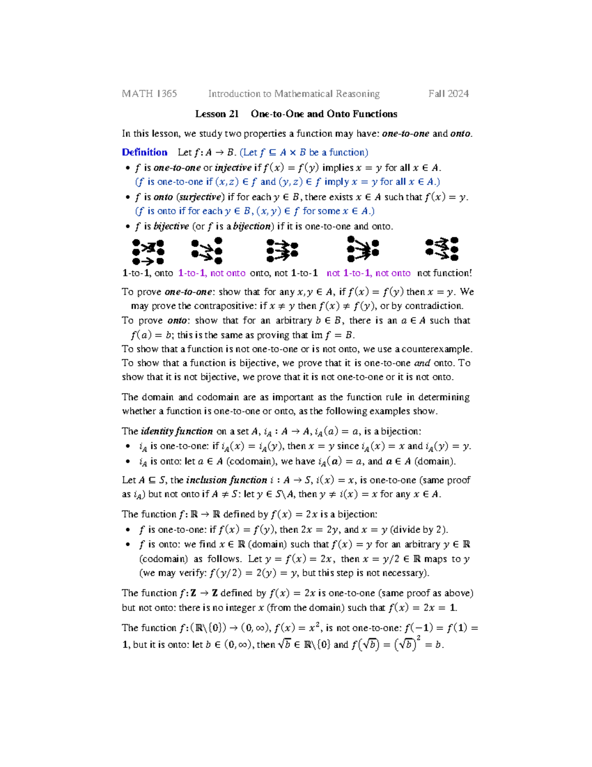 MATH 1365 Lesson 21: One-to-One and Onto Functions - Studocu