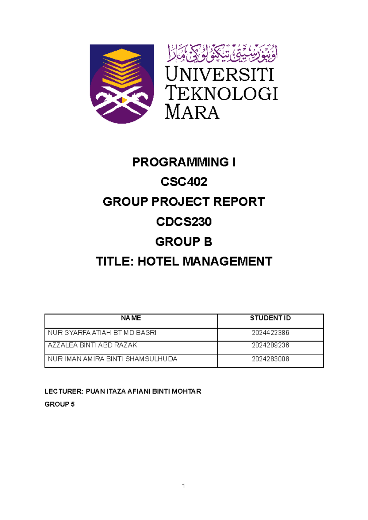 CSC Programming I Group Project Report: Hotel Management System - Studocu