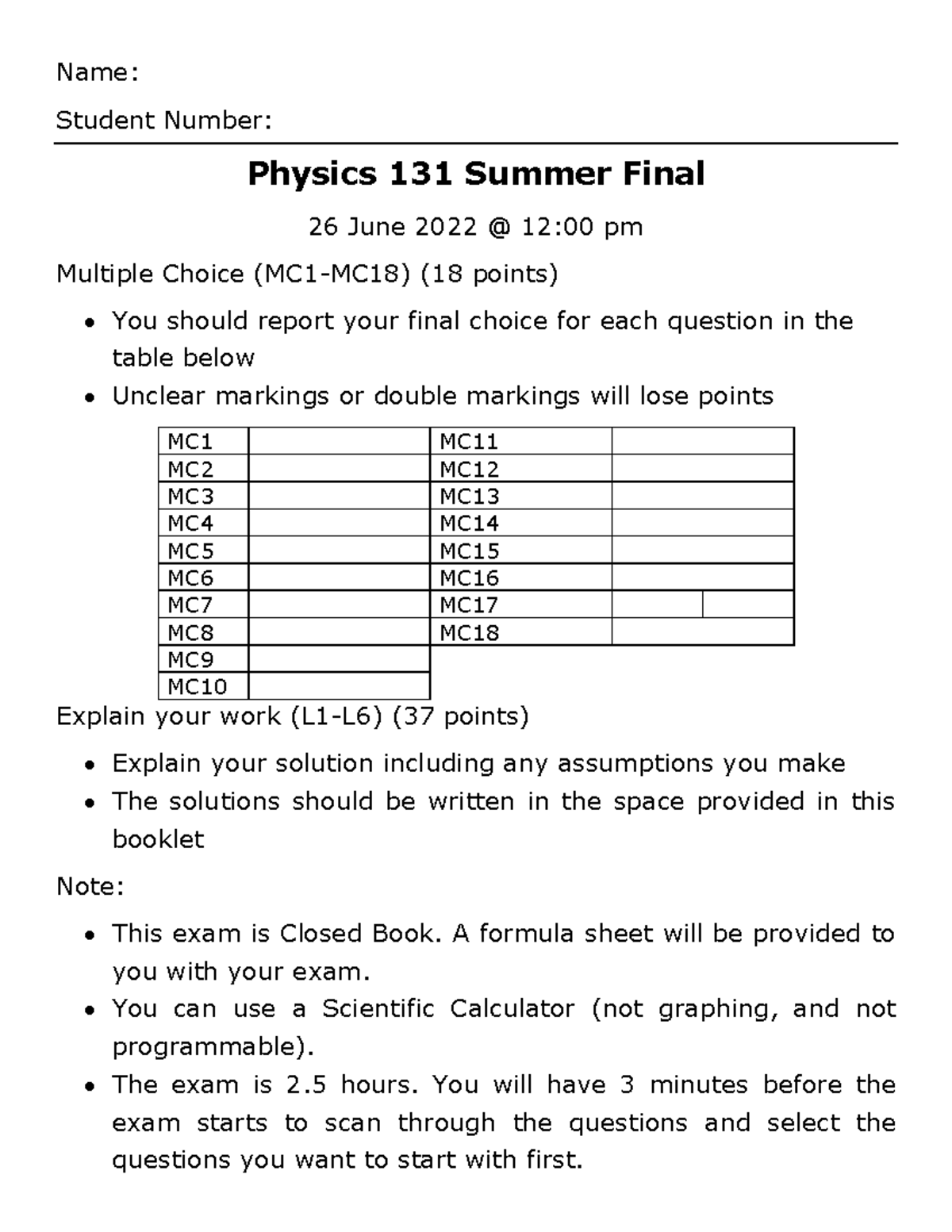2022S - final exam - written - Name: Student Number: Physics 131 Summer ...