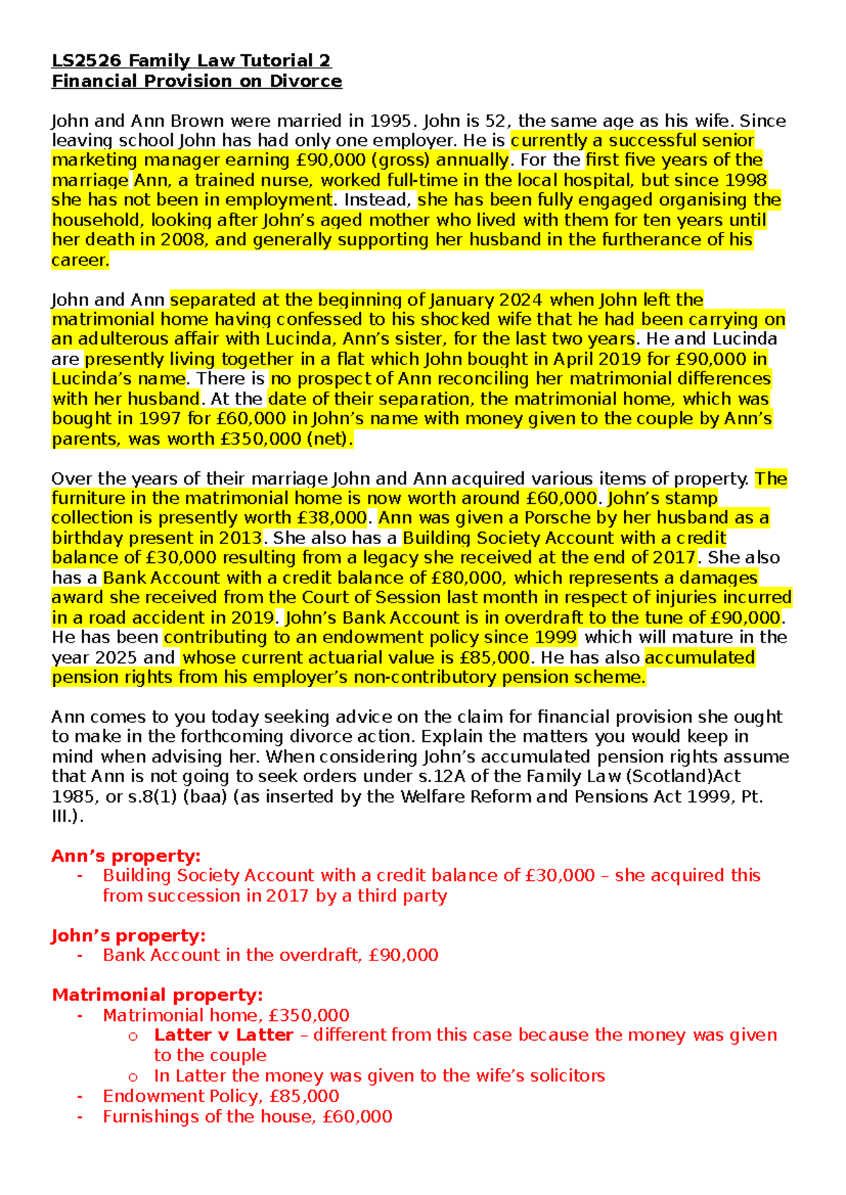 LS2526 Tutorial 2 - Family Law Notes on Financial Provision in Divorce ...