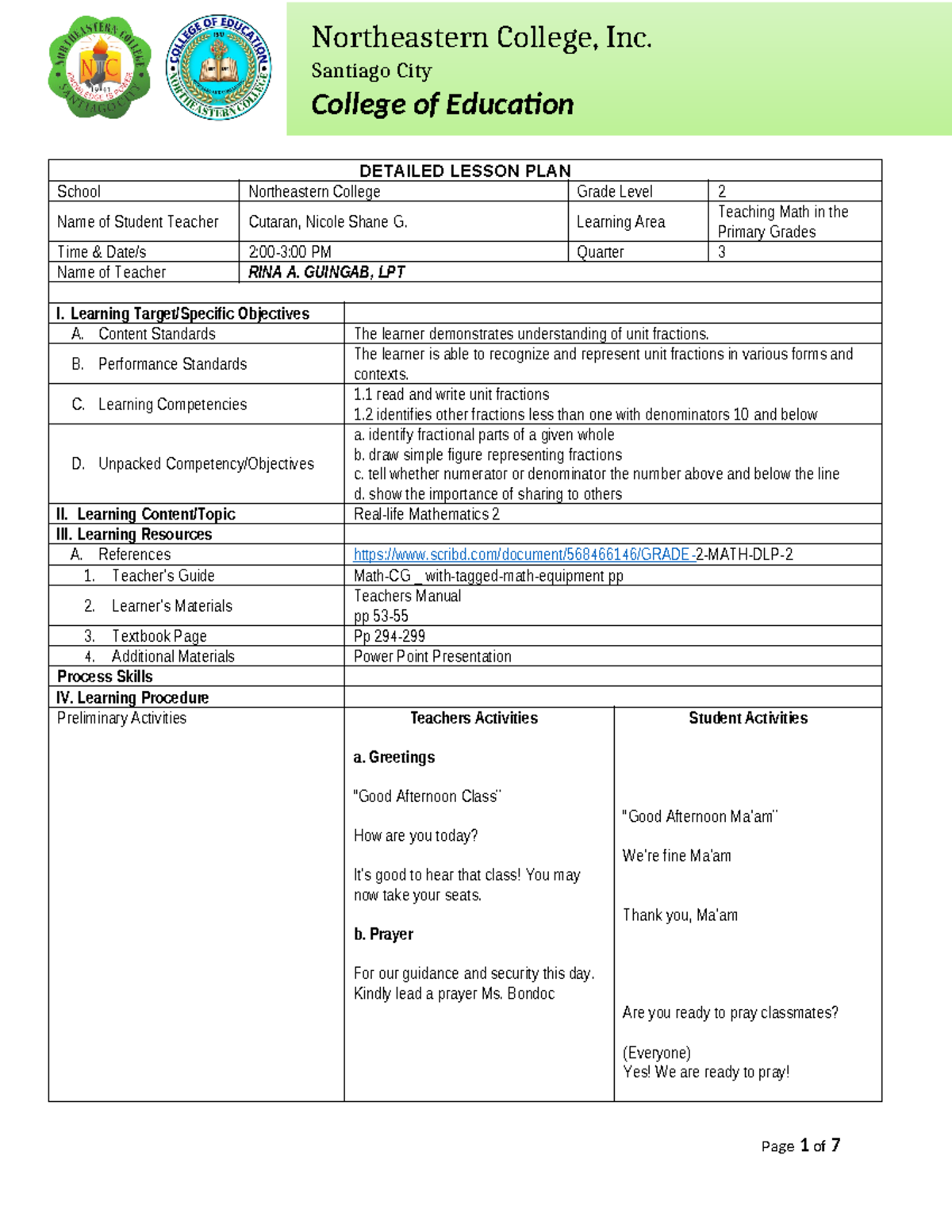 Detailed Lesson Plan: Teaching Unit Fractions (MATH) Grade 2 - Studocu