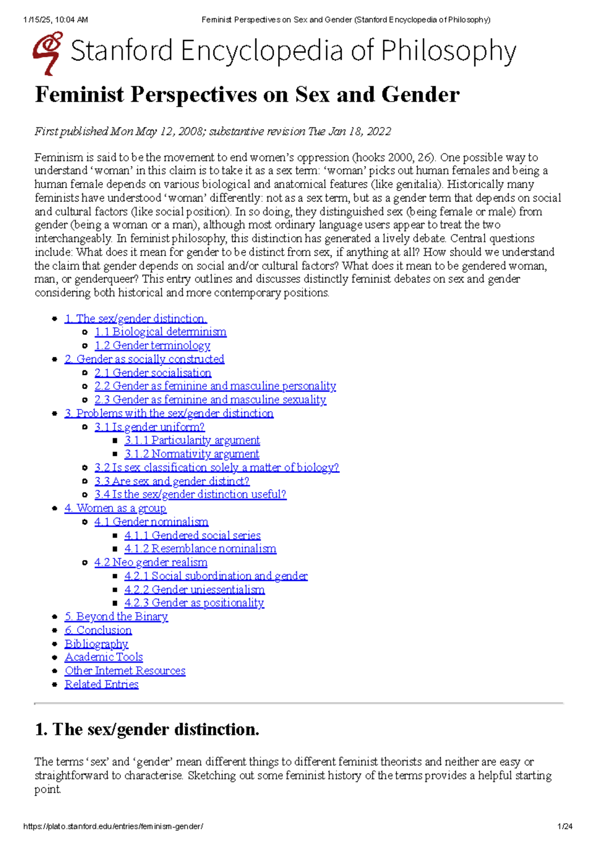 Feminist Perspectives on Sex and Gender: Insights from the Stanford ...