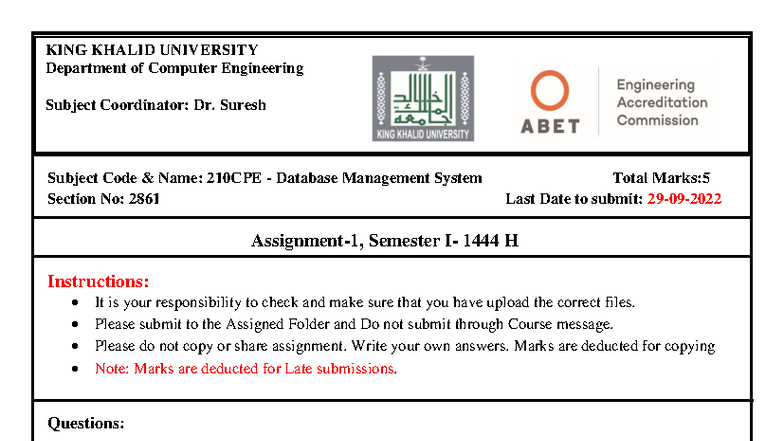 210CPE Database Management System Assignment 1 QP - Practice Questions ...