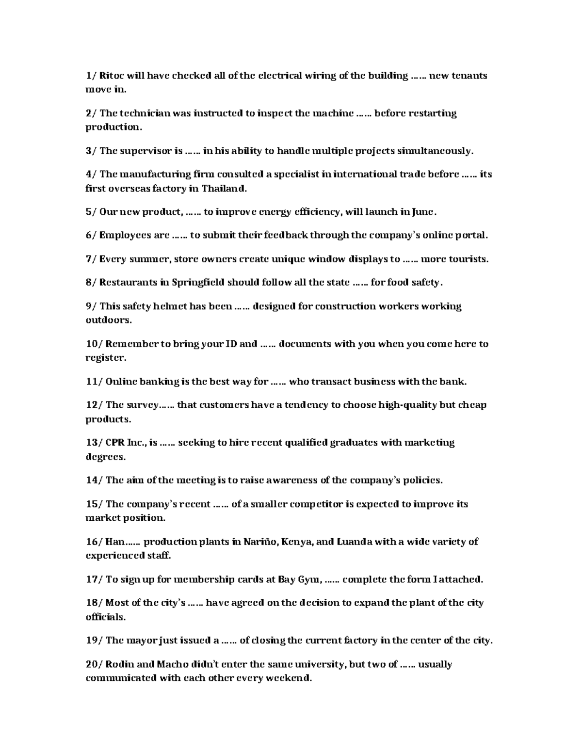 English Questions - BT Tổng Hợp for Electrical & Safety Inspections ...