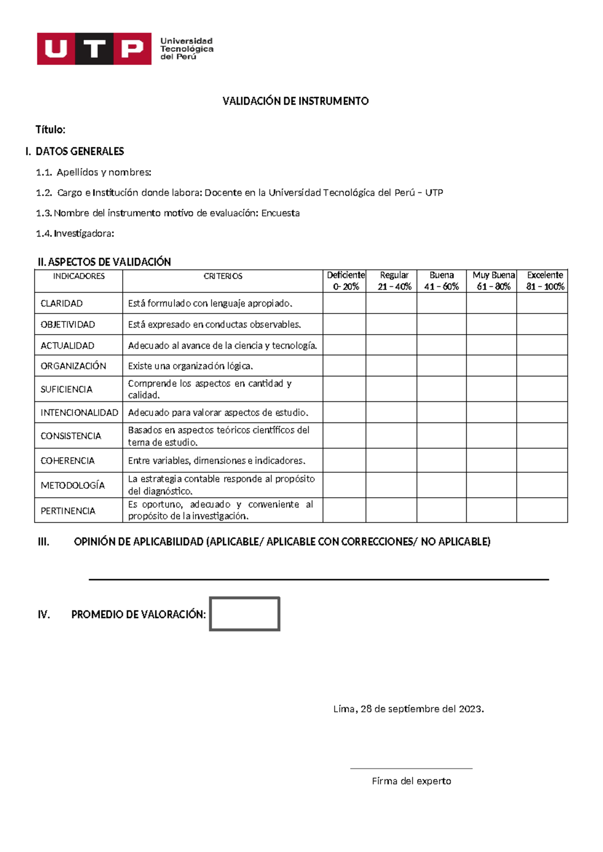 Validación de Instrumento: Encuesta para Evaluación en UTP - Document Preview