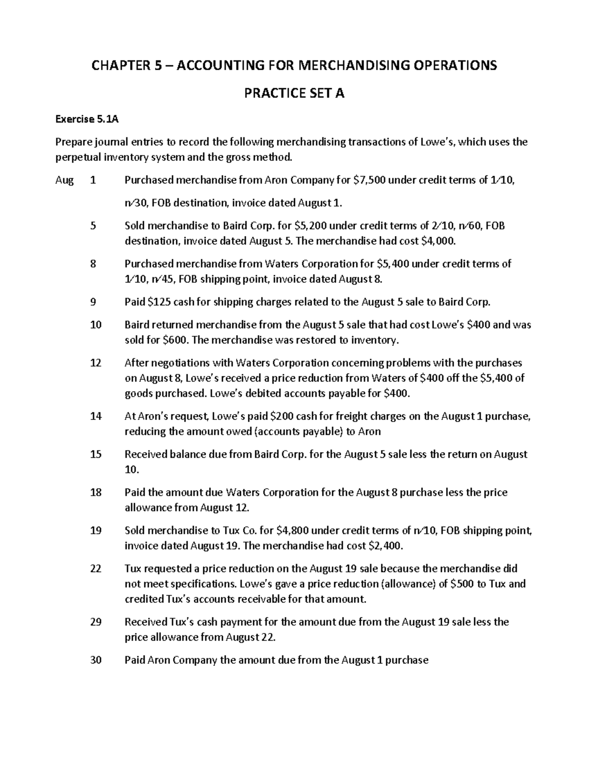 Practice Set A Sol - qìpoqưqợdqợdpqựodqpư - CHAPTER 5 – ACCOUNTING FOR ...