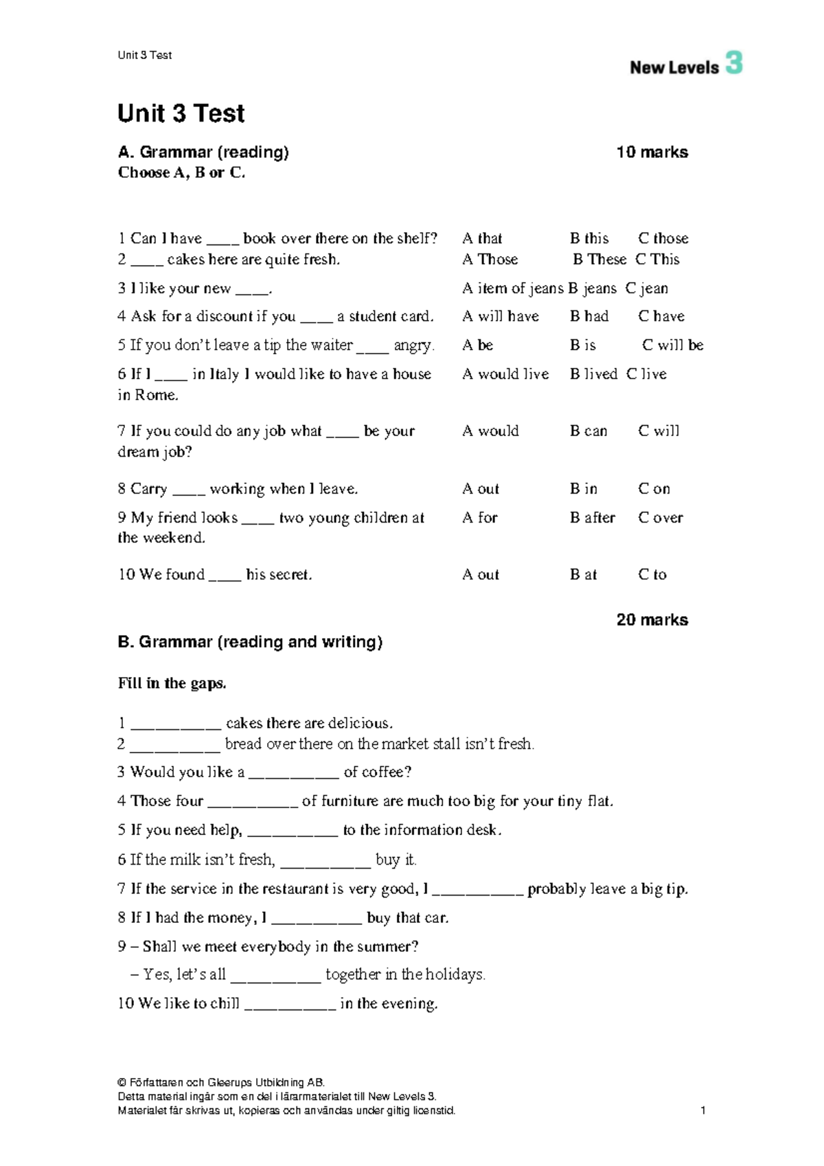 Unit 3 Test A & C: Grammar and Vocabulary Sample Questions - Studocu