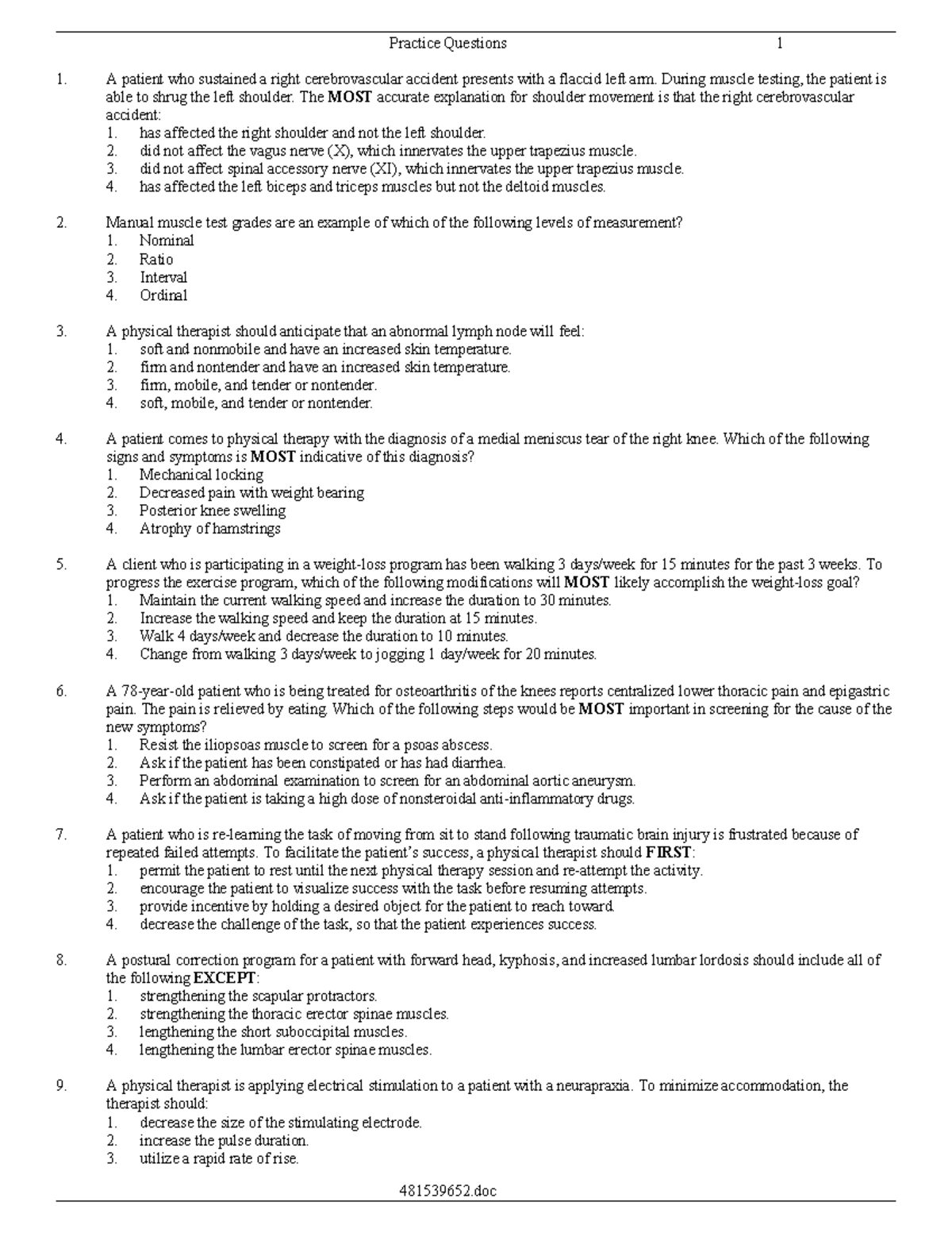 PEAT 5 - Comprehensive Practice Test for Physical Therapy - Studocu