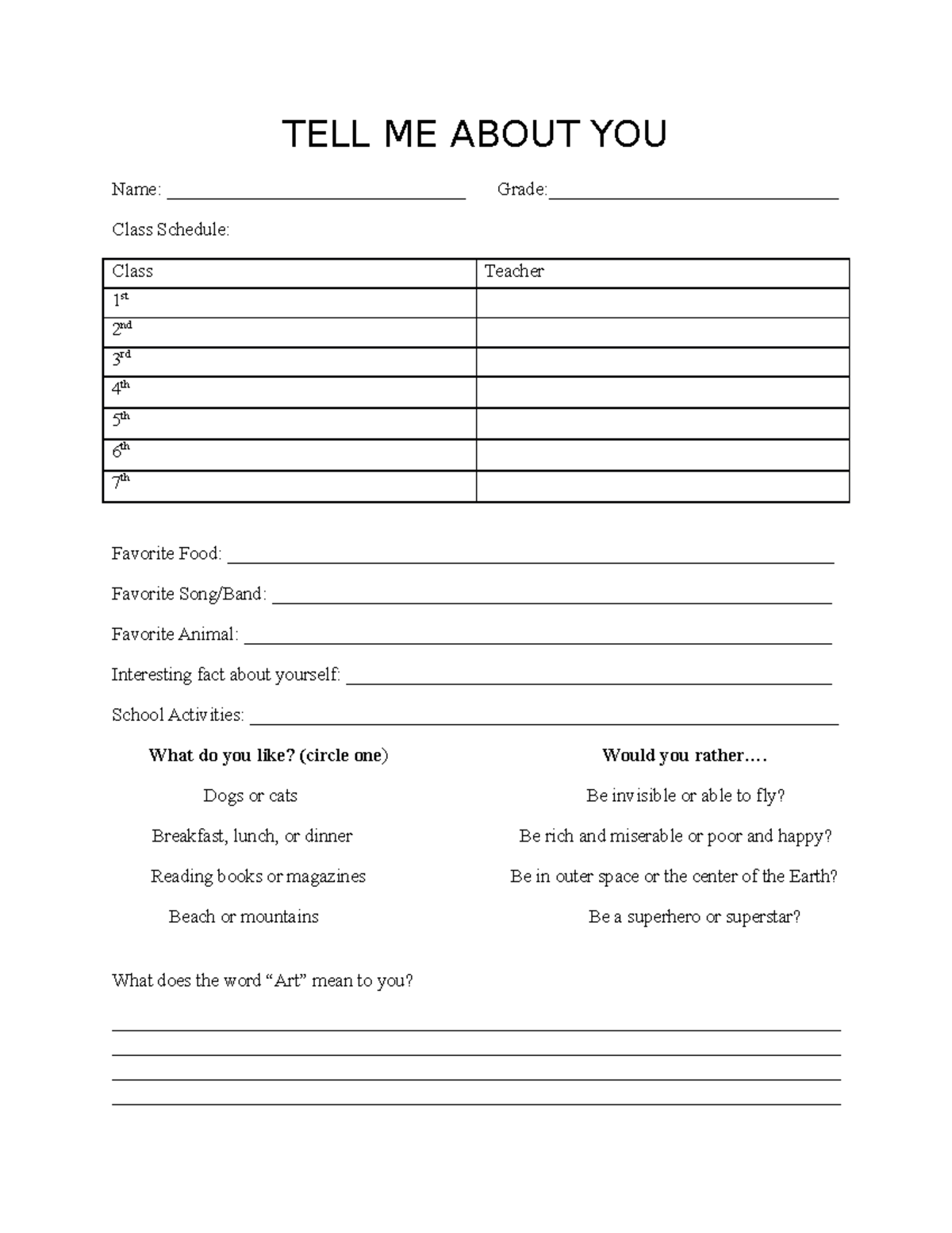 Tell Me About You Worksheet - TELL ME ABOUT YOU Name ...