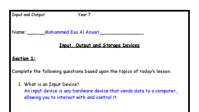 Input and Output Devices Worksheet - Year 7 - Studocu
