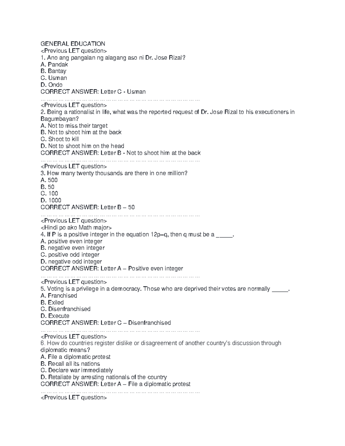 General Education practice test-based on previous LET - GENERAL EDUCATION