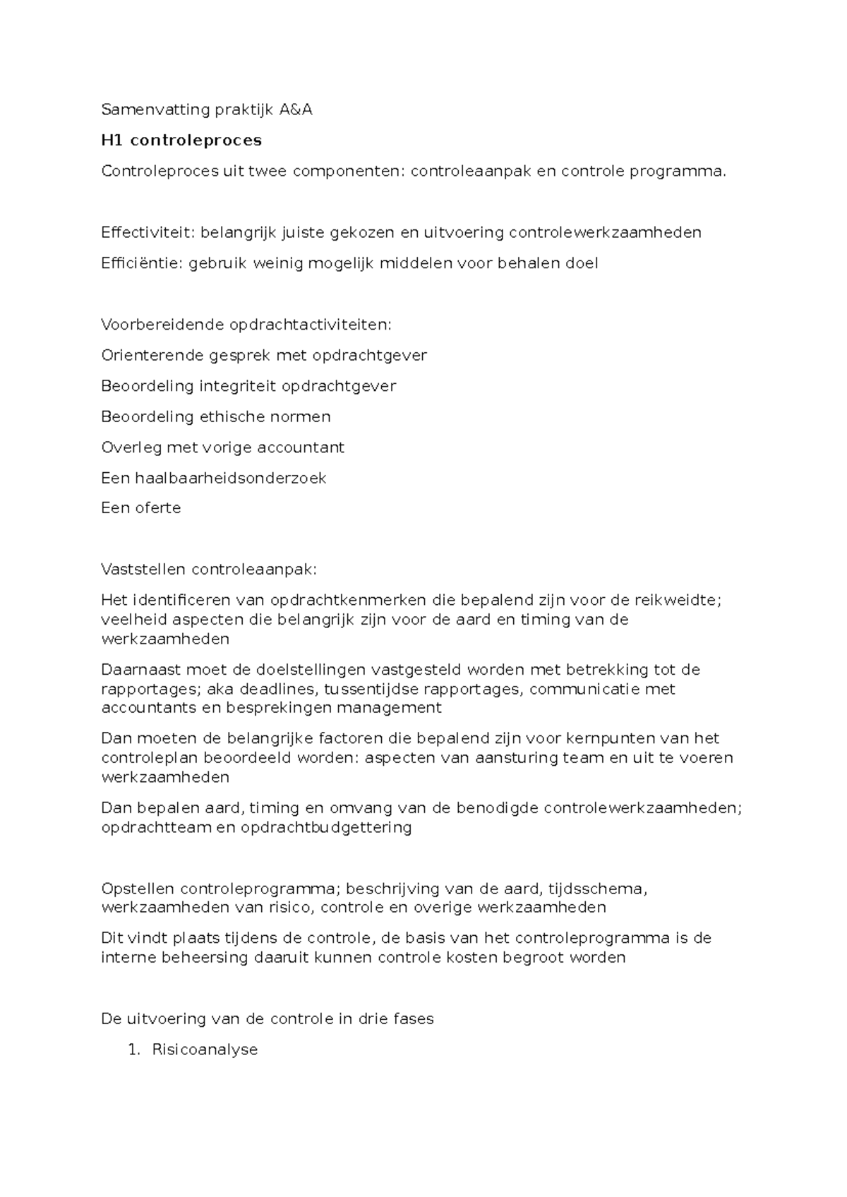 Samenvatting Praktijk A&A: Controleproces en Effectiviteit H1-H4 ...