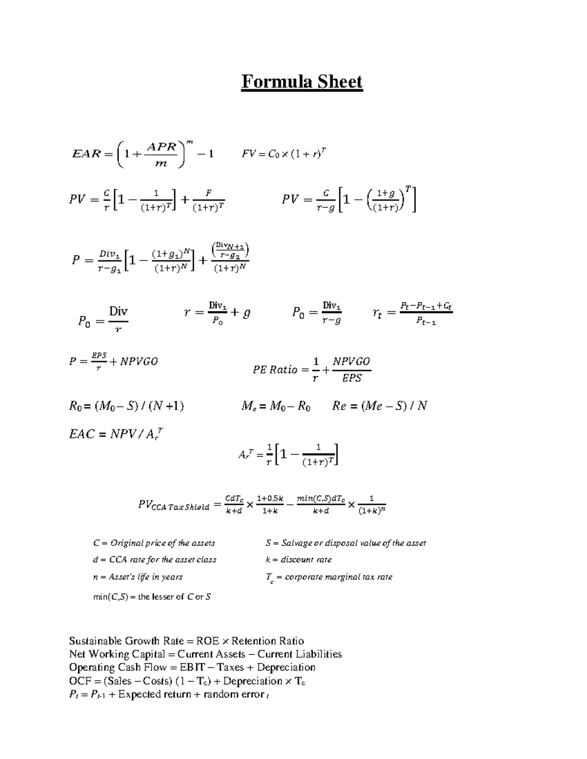 Midterm Formula Sheet for Financial Analysis Concepts - Studocu