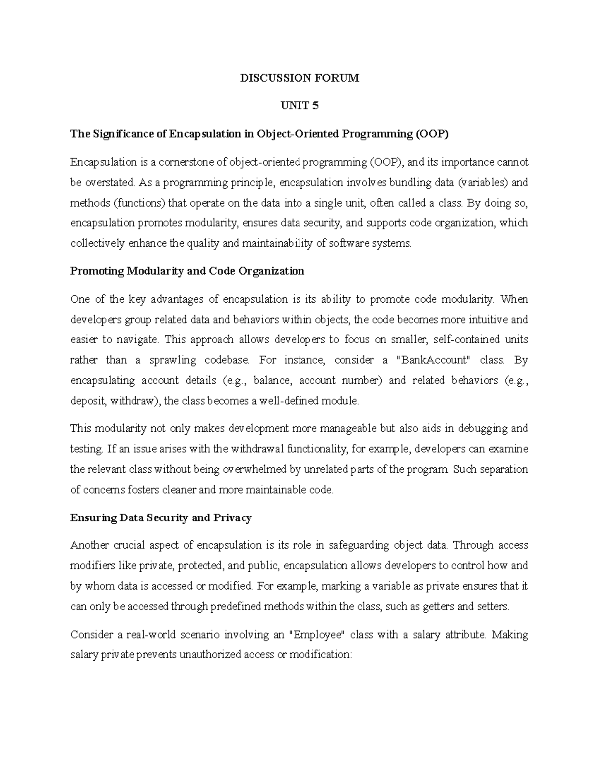 Discussion Forum 5 - The Importance of Encapsulation in OOP - Studocu