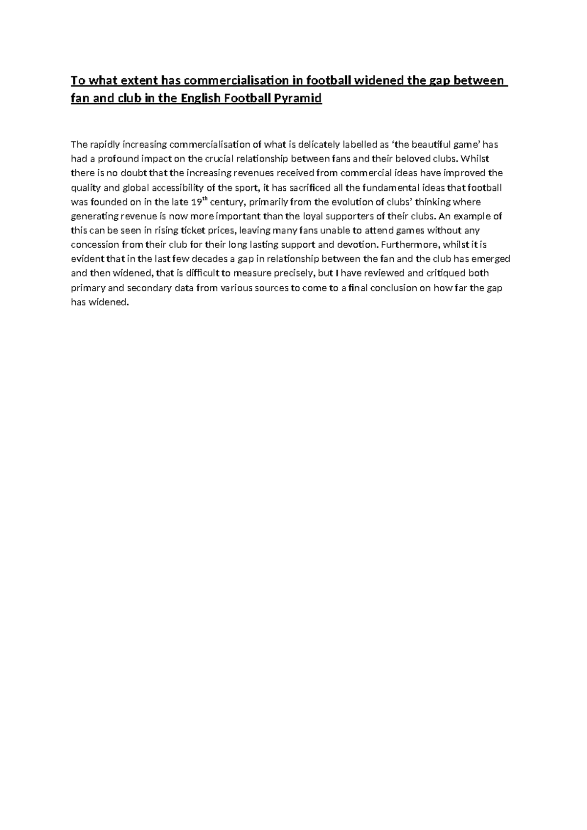 EPQ First Draft: Examining Football's Commercialisation Impact on Fans ...