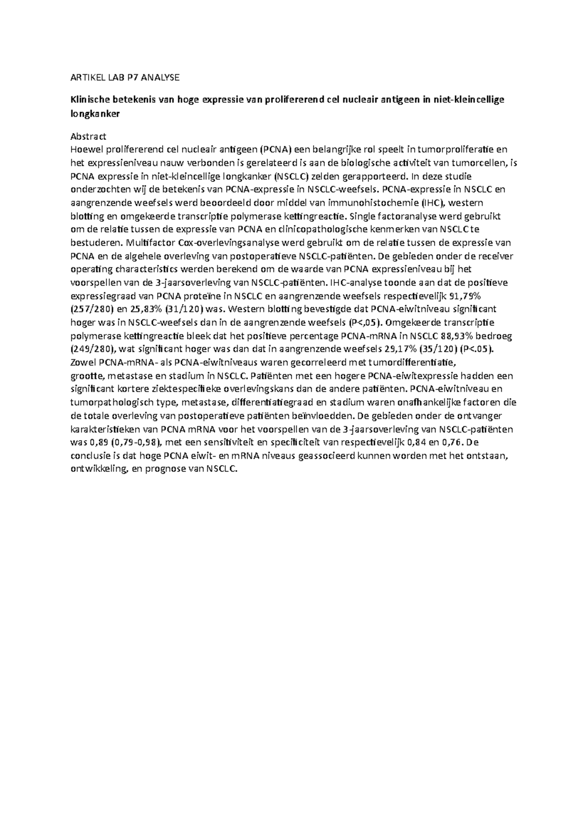 LAB P7 Analyse: Clin. Betekenis van PCNA in Niet-Kleincellige ...