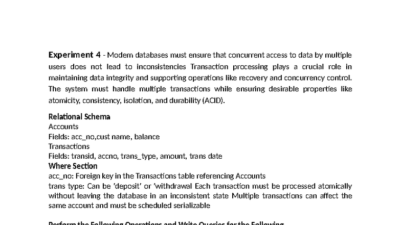 DBMS Lab Solutions: Experiment 4 & 5 - Transaction Management ...