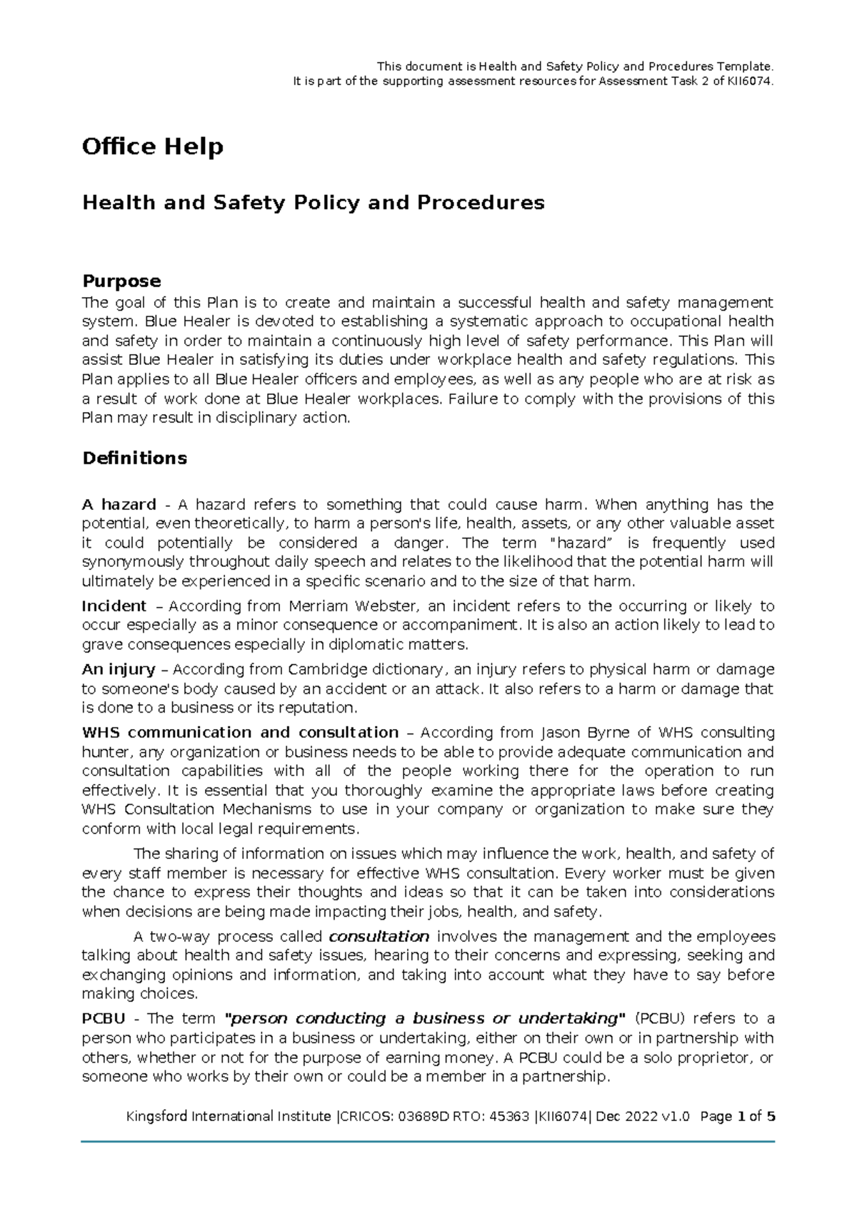Third Draft WHS Policy & Procedures Template for KII6074 Assessment ...
